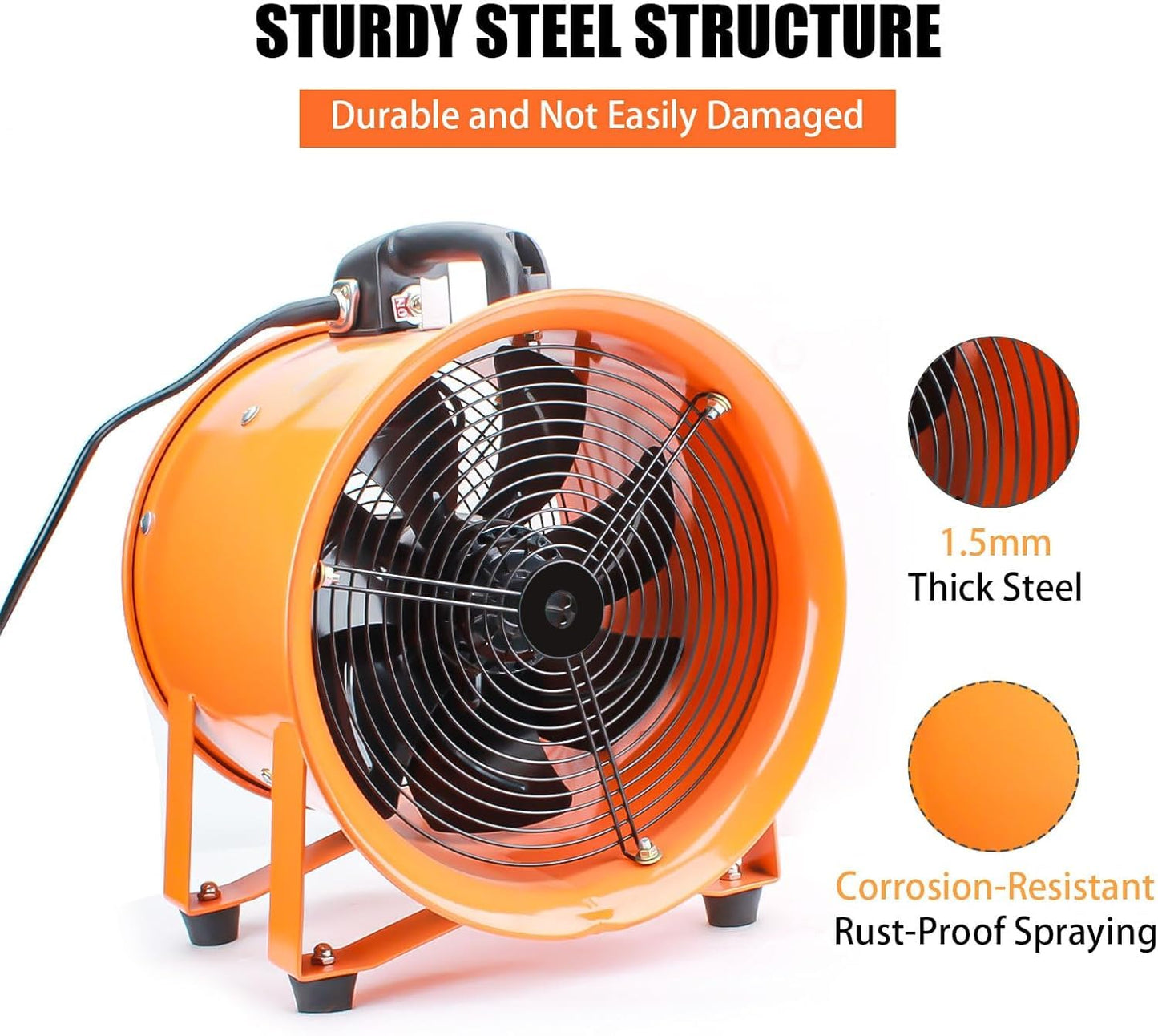 8-Inch High-Velocity Portable Utility Blower Fan, Industrial Exhaust Fan with 33ft Flexible Duct Hose, 3150 RPM Low-Noise Ventilator for Basements, Workshops, Warehouses, and Confined Spaces