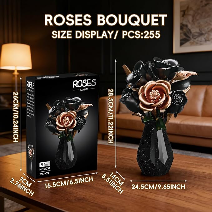 Black Roses Flower Bouquet Building Set with Vase - 255 Pcs Botanical Collection with Rose Gold Accent Artificial Floral Centerpiece Gothic Home Decor Gift for Adults