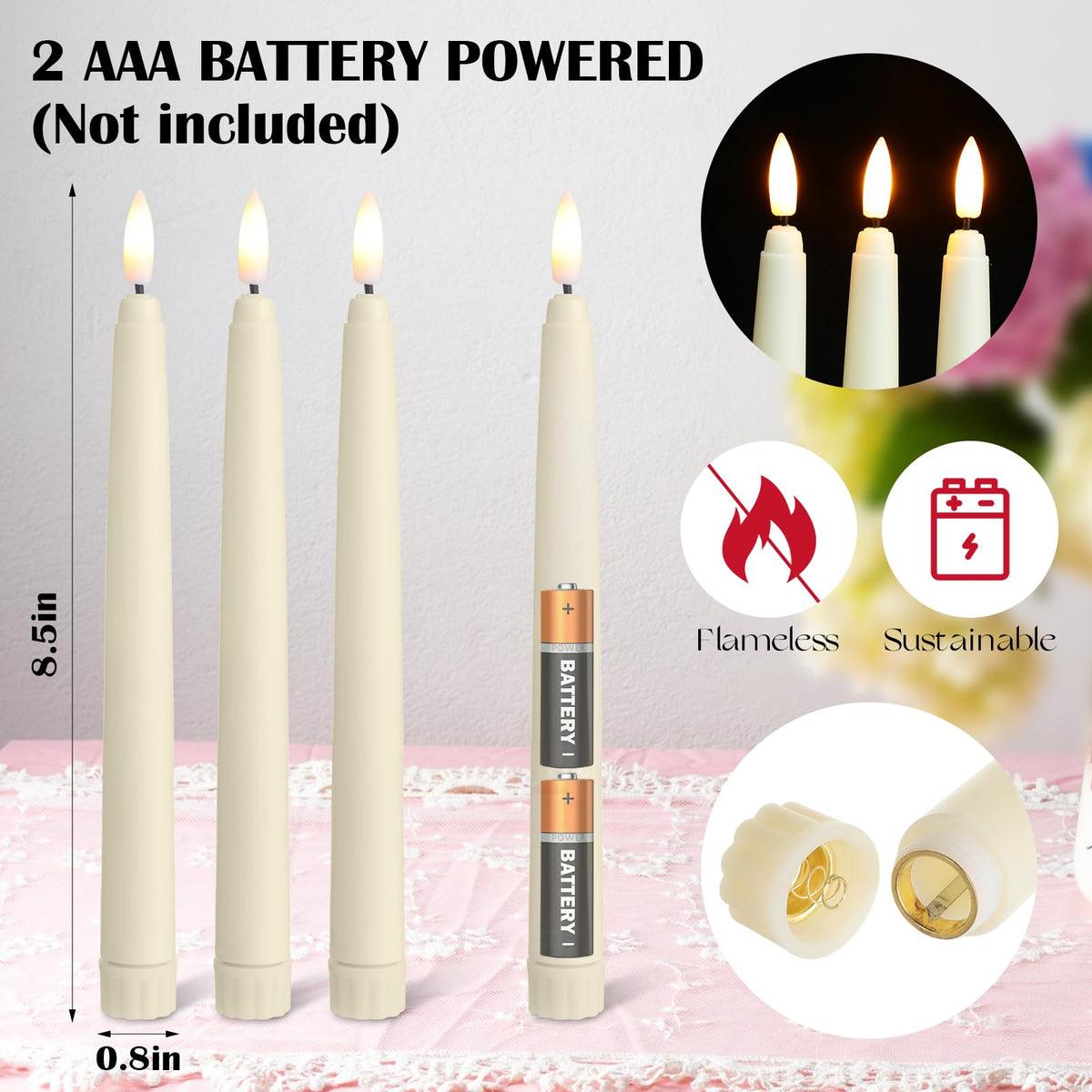 Baquler 125 Pcs Flameless Taper Candles LED Taper Candles Flickering Bulk Ivory LED Candlestick for Easter Wedding Church Halloween Christmas Party Decor Table Centerpiece, 8.5 in, No Batteries