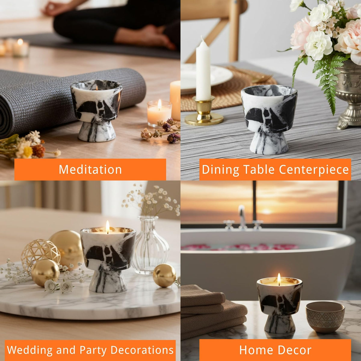 Marble Candle Holder 3’’ Black-White Scented Container Reusable for Home Decor, Meditation, Party or Dining Table Centerpiece