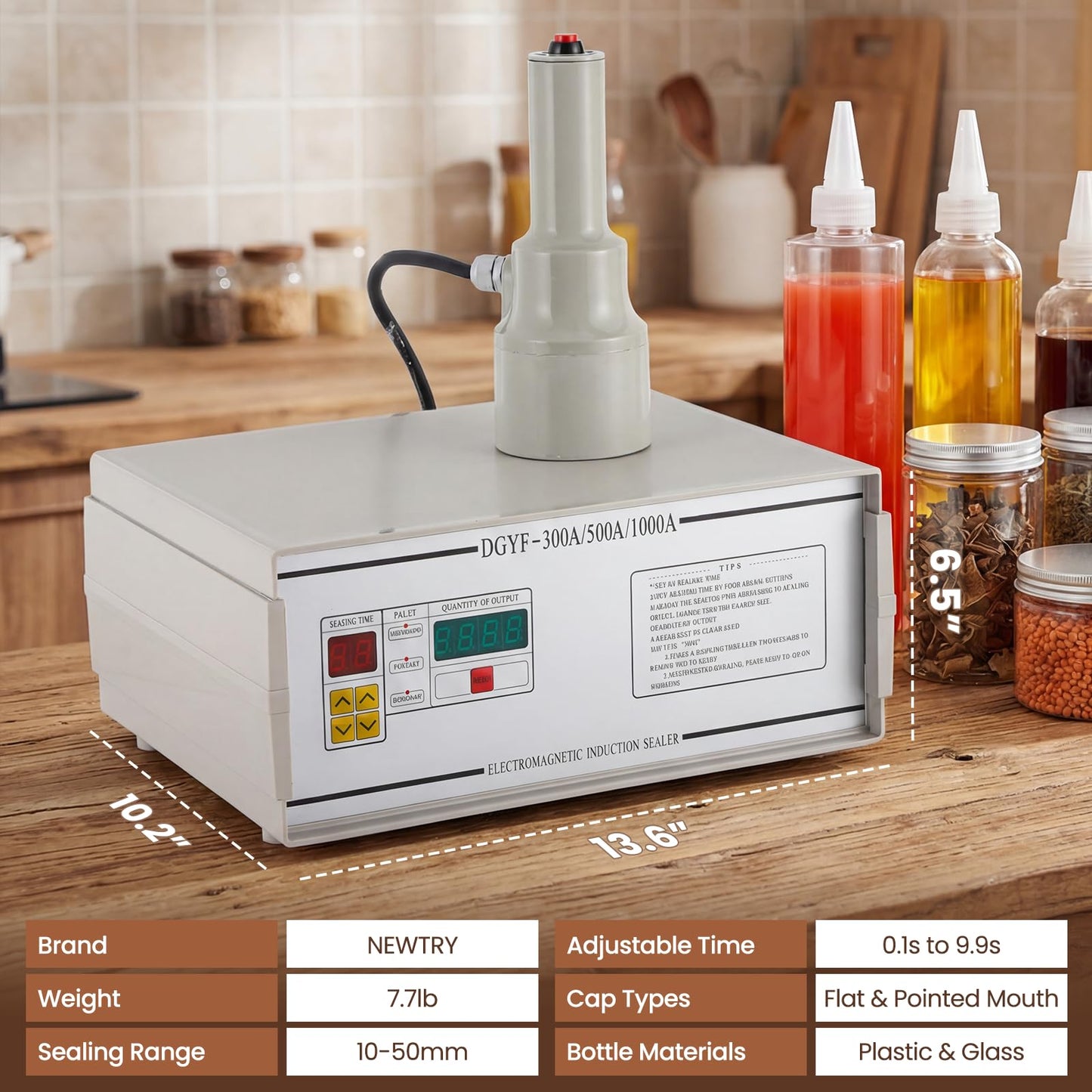 NEWTRY Induction Bottle Cap Sealer 10-50mm Handheld Heat Sealing Machine with Counting Function for Plastic Glass Bottles of Flat and Pointed Cap (110V)