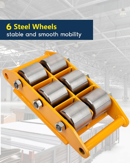 FAHKNS Machinery Moving Skate Heavy Duty Machinery Skates Cargo Mover 8T Machine Skates with 360° Rotation Cap 6 Steel Rollers for Heavy Duty Industrial Moving Equipment, Yellow