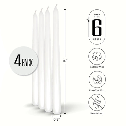 Leor & Lair White Taper Candles - 4 Pack 10" White Candlesticks - Unscented Long Burning Candle Sticks for Home Decoration, Holidays, Weddings, Religious, Restaurants & Business Events