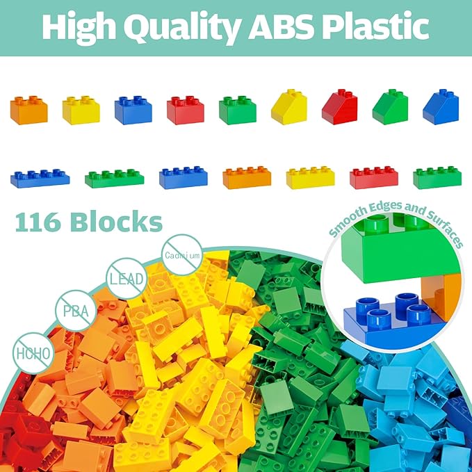 Building Blocks for Toddlers 2-5 Including Dinosaurs Cars 116-piece Large Classic Building Bricks Set Educational Toys for Children Boys Girls All Ages Compatible with All Major Brands