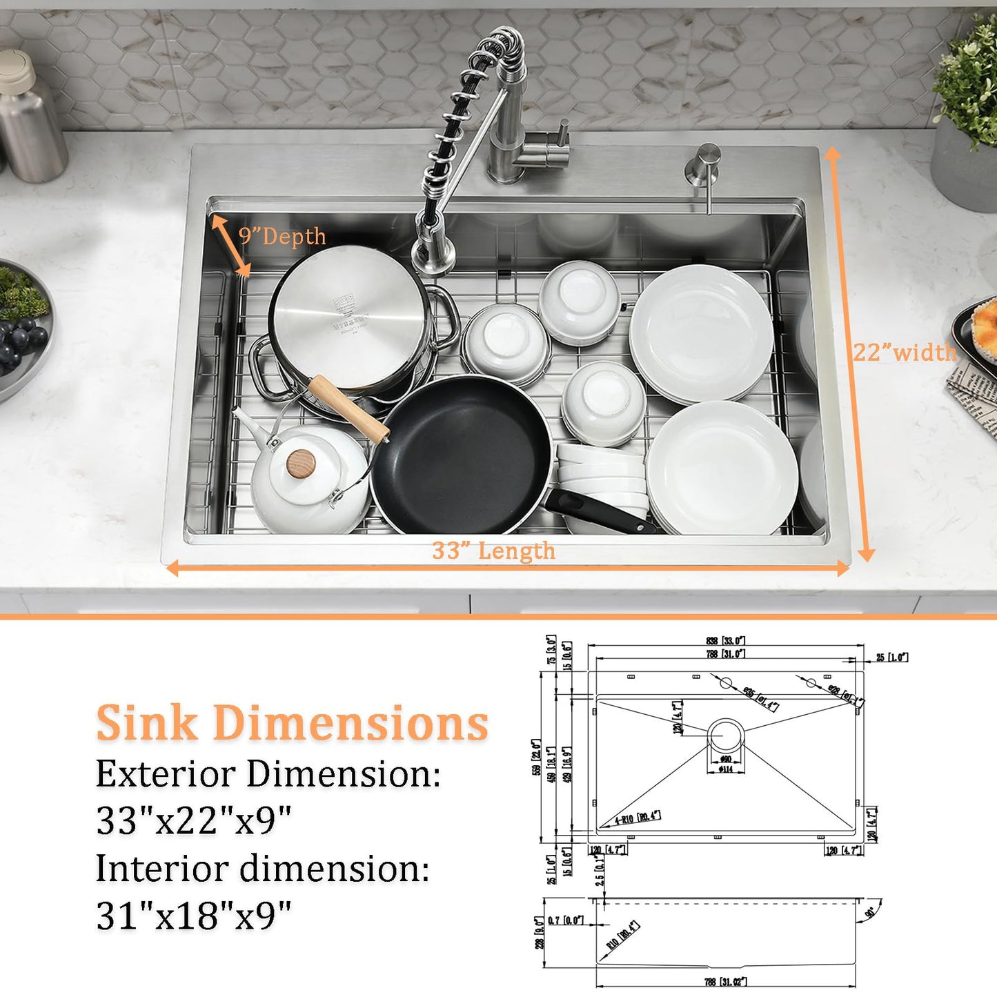WMXQX Drop In Kitchen Sink, 33x22 Kitchen Sink with Faucet Stainless Steel Top Mount Workstation Overmount Handmade Single Bowl Deep Sink with Cutting Board&Soap Dispenser