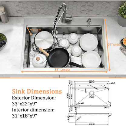 WMXQX Drop In Kitchen Sink, 33x22 Kitchen Sink with Faucet Stainless Steel Top Mount Workstation Overmount Handmade Single Bowl Deep Sink with Cutting Board&Soap Dispenser