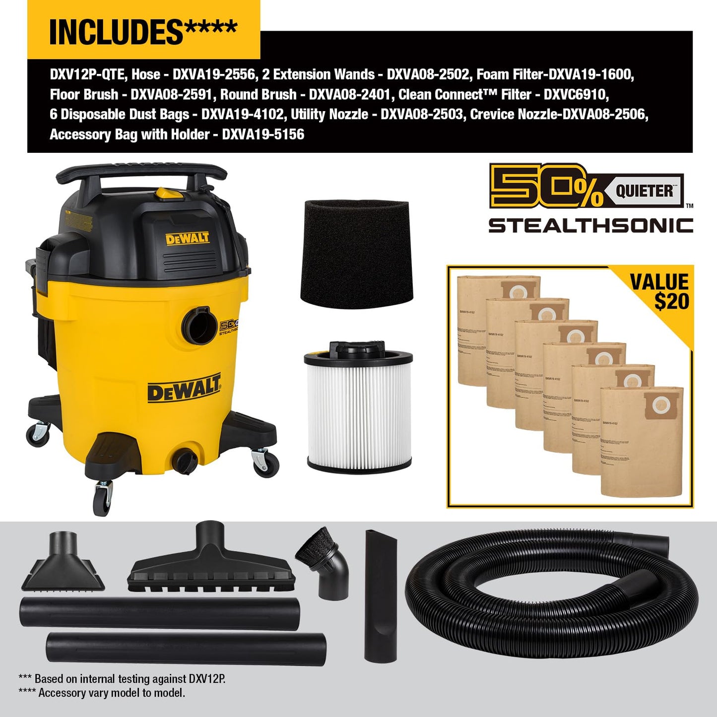 DEWALT 12 Gallon STEALTHSONIC Shop Vacuum Wet and Dry, 5.5 Peak HP Ultra Quiet Shop Vac with Powerful Suction, Wet Dry Vacuum Cleaner DXV12P-QTE with 6 Dust Bags for Jobsite, Garage, Workshop & Auto