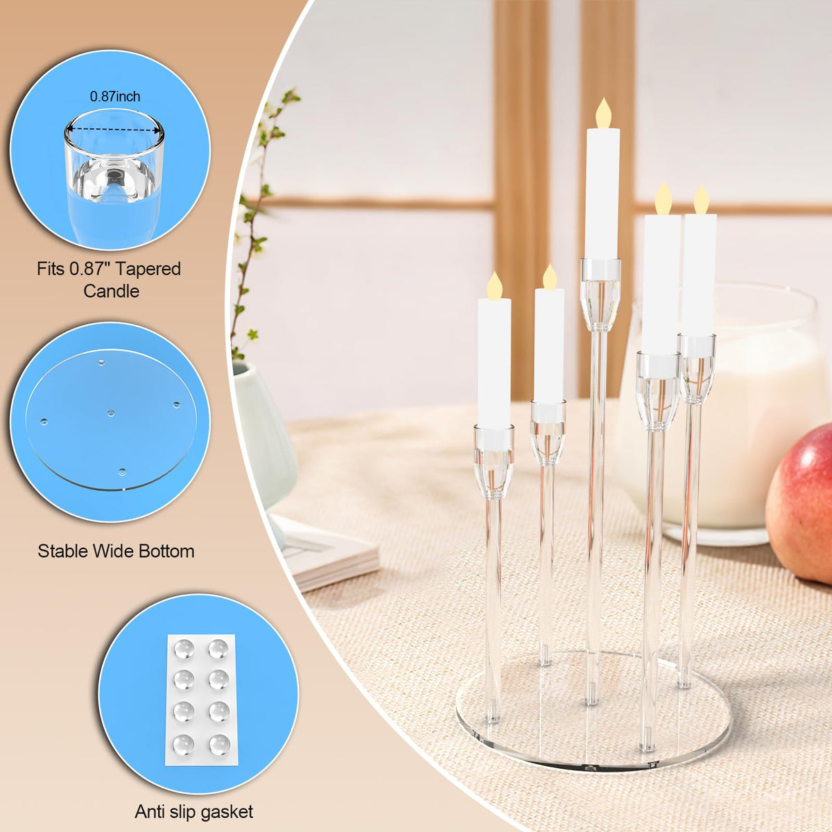 5 Arm Acrylic Candle Holder Stand Elegant Crystal-Clear 3 Tier Stems for Flameless LED Candles Modern Spiral Twist Design, Sturdy 7.09" Round Base Perfect for Weddings & Home Decor (2, Candelabra)