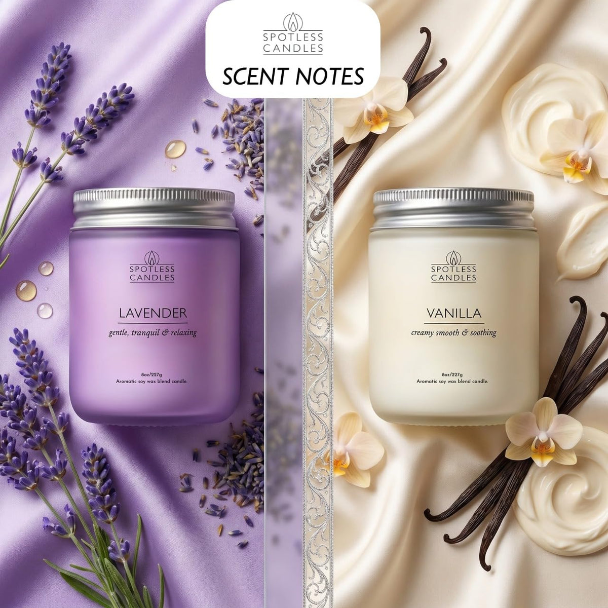 Aromatic Candles Two Pack - 2 x 8 oz Lavender & Vanilla in a Gift Pack, Classic Candle Set for Men and Women by Spotless Leopard
