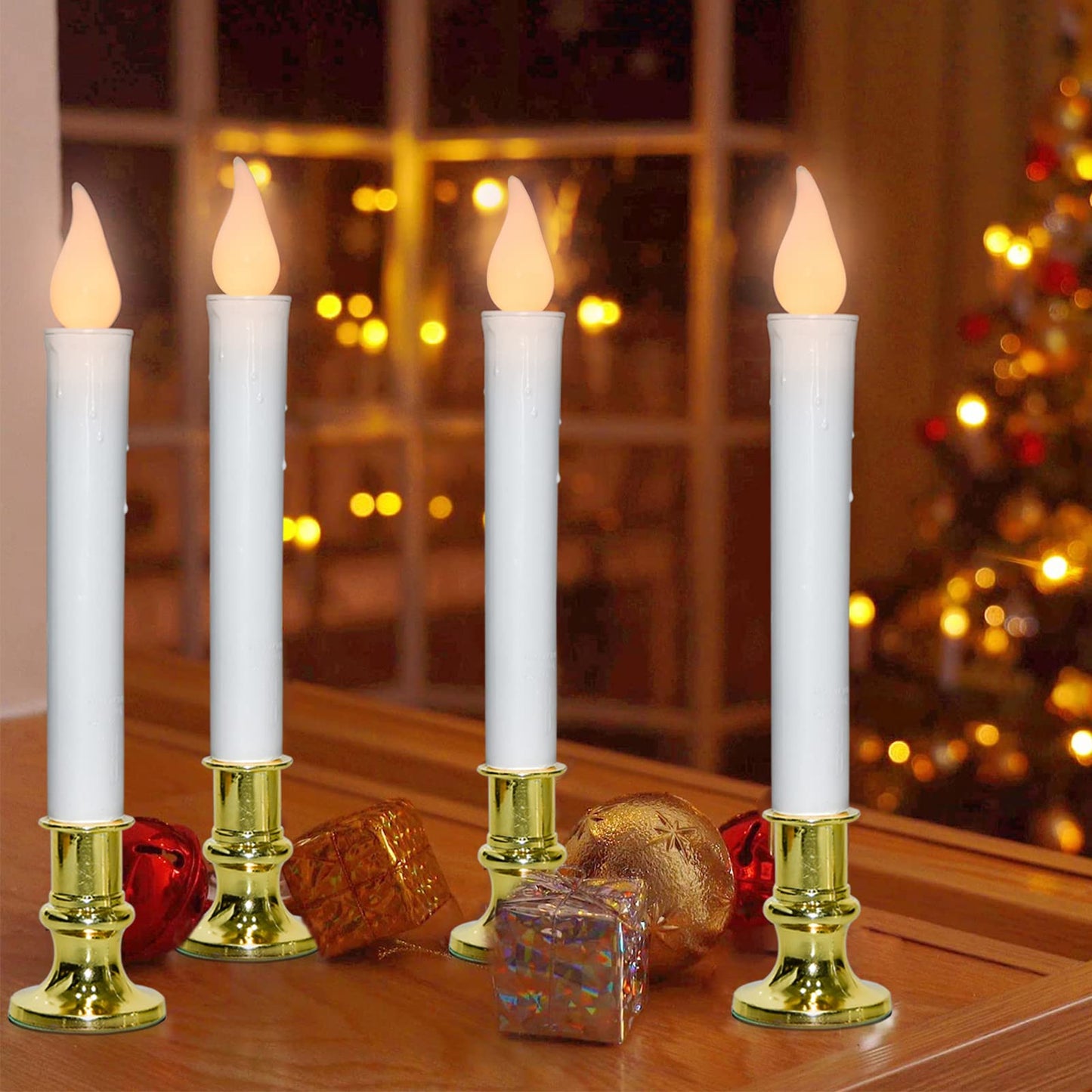 SUNSGNE Battery Operated Window Candles, Flameless Window Candles with Auto Timer for Holiday Home Table Christmas Decor, 4 Pack, Gold Base