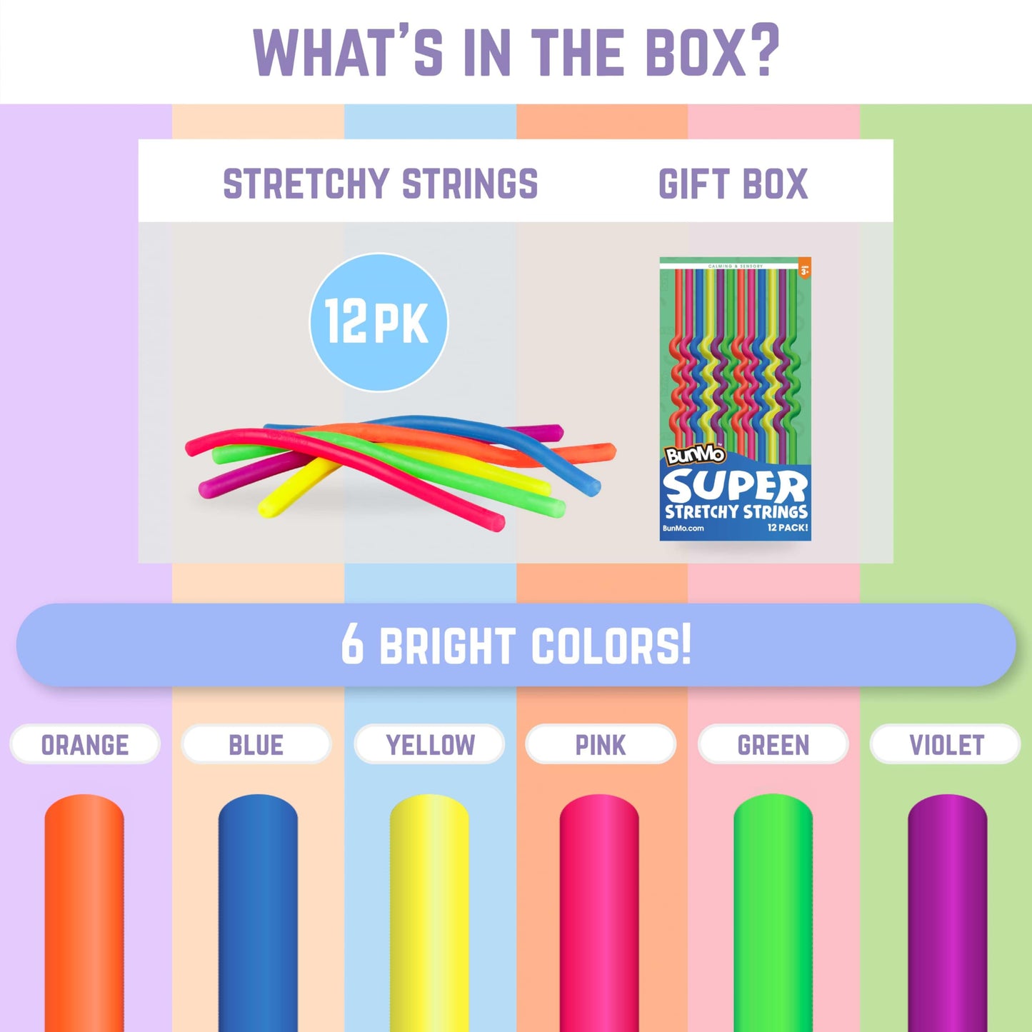 BUNMO Stretchy Strings - Sensory Toys for Toddlers - Stimulating & Addictive Sensory Toys for Kids - Fidget Toy - Hours of Fun for Kids - Non-Mouthable Toy 3+ - Smooth 6 Pack