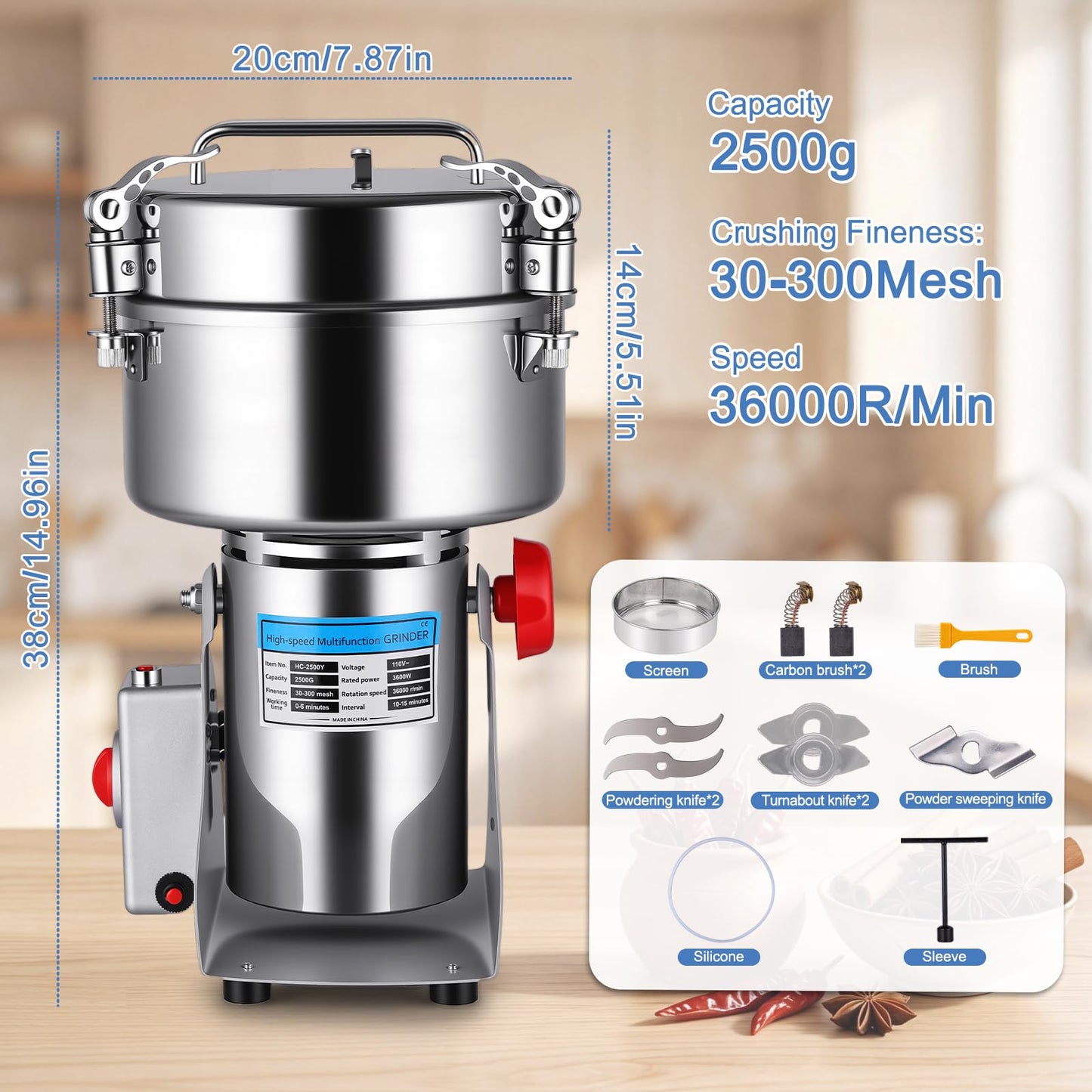 Powerful 3600W Grain Mill Grinder – 2500g Stainless Steel, 36000 RPM Triple-Blade System, 270° Swing for Easy Flour Making, 30-300 Mesh Adjustable, for Home Kitchen & Coffee Shop