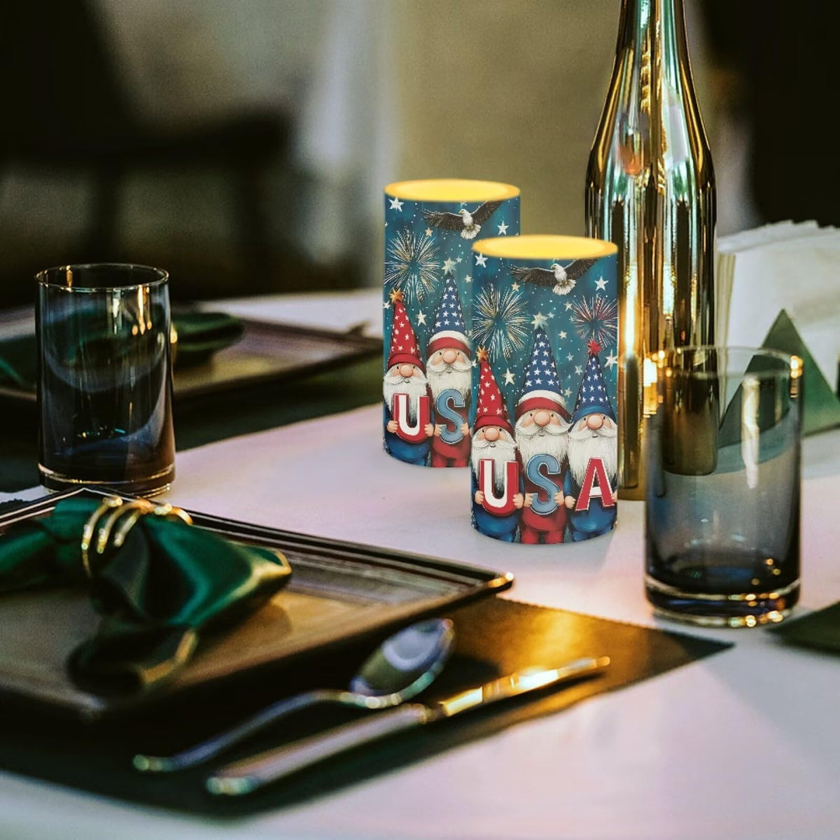 NETILGEN USA Flag Cute Gnome Print 2 Pcs Flameless Candles Battery Powered LED Pillar Candles with Timer Remote 4th of July Patriotic Independence Day Decor