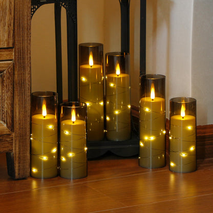 Yeelida Grey Flameless Candles with Remote and String Light, 2.2"x 5",5",6",7",7",8" LED Battery Operated Plastic Flickering Timer Pillar(Pack of 6,Turn On/Off String Light Mode)