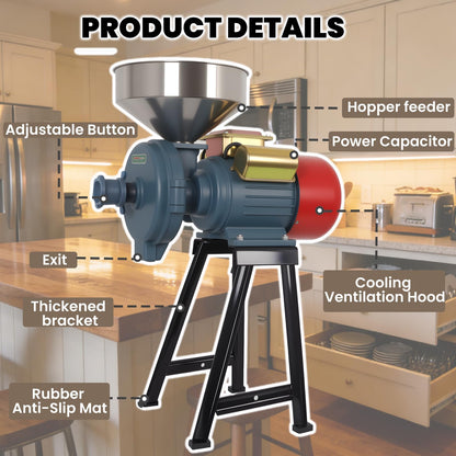 Vohala 3000W Grain Mill Grinder, Commercial Dry Wet Cereals Milling Machine with Cooling Ventilation Hood, Adjustable Thickness Stainless Steel Hopper, for Feed Flour Rice Grinding