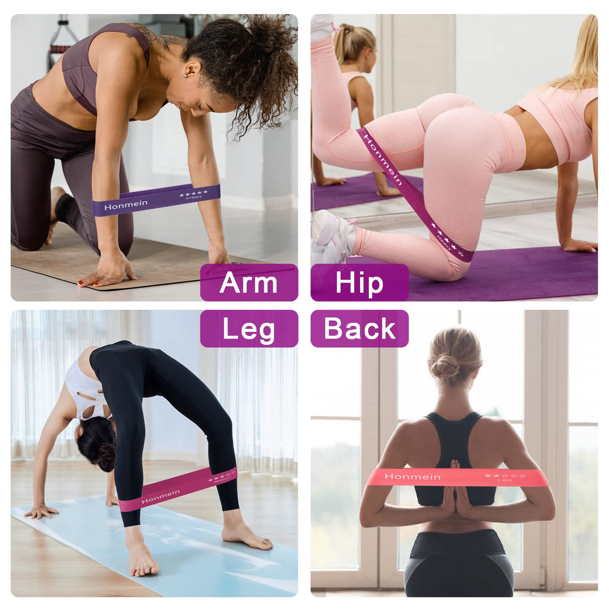 Honmein Resistance Bands for Working Out, Exercise Bands with 5 Resistance Levels Fit for Home Fitness, Strength Training, Natural Latex Resistance Band Include Instruction Guide and Carry Bag (Pink)