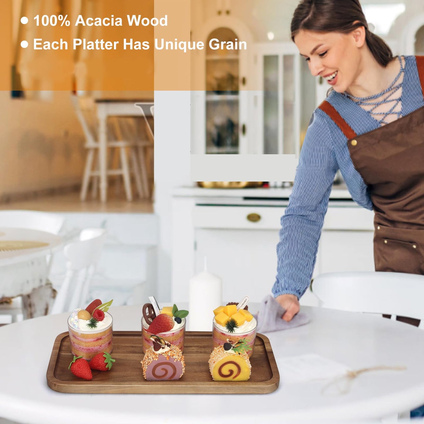 Wooden Serving Platters Acacia Long Charcuterie Boards Rectangle Wood Tray Home Decor Serving Cheese Board Appetizer Snack Plates Kitchen Dinner Platter for Food Dish Rectangular Cake Dessert Trays
