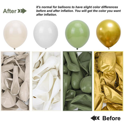 RUBFAC Sage Green White Gold Balloon Garland Arch Kit 129pcs Different Sizes Pack of 18 12 10 5 Inch, Latex Sand White Cream Confetti Gold Balloon Garland Arch Kit for Birthday Engagement Wedding