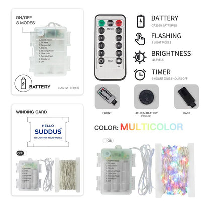 suddus 33ft 100 LED Outdoor String Lights, Multi Color Fairy Lights Battery Operated with Remote, Led Twinkle Lights for Bedroom, Backyard, Wedding, Tree, Mason Jar, Wall, Centerpiece, Christmas