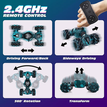 Tecnock Remote Control Car for Boys Girls 2.4GHz 4WD Gesture Sensing RC Stunt Car Toys - 360° Rotating Double Sided Hand Controlled RC Cars with LED Lights Gifts for Kids Ages 6-8 8-12