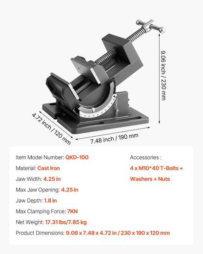 VEVOR Tilting Vise, 4.25 Inch Jaw Width, Portable Drill Press Bench Vise, 0–90° Adjustable Tilt, Durable Cast Iron Construction, Workbench Vice for Woodworking, for Benchtops and Drill Presses, Black