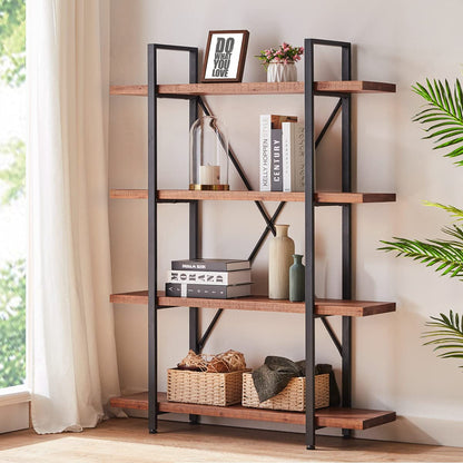 HSH Industrial 4 Tier Solid Wood Bookcase, Real Natural 4 Shelf Rustic Wooden and Metal Bookshelf, Farmhouse Open Vintage Etagere Book Shelf for Office Living Room Bedroom Storage, Distressed Brown