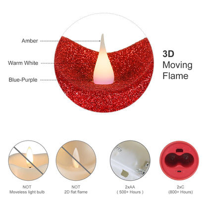 GiveU Pack of 3 Red Glitter Candle 3D Moving Flame LED Candles,10-Key Remote, Battery Powered Flameless Candle with Timer, Home Decor Bedroom, Hallway, Wedding Events