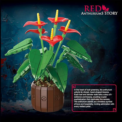 39120 Red Anthuriums Building Blocks Flower Set 732 Pieces of Floral and Plant Series Block Sets Adult Creative Enthusiast Model Gifts and Unique Collectibles Can be Used for Room Decoration