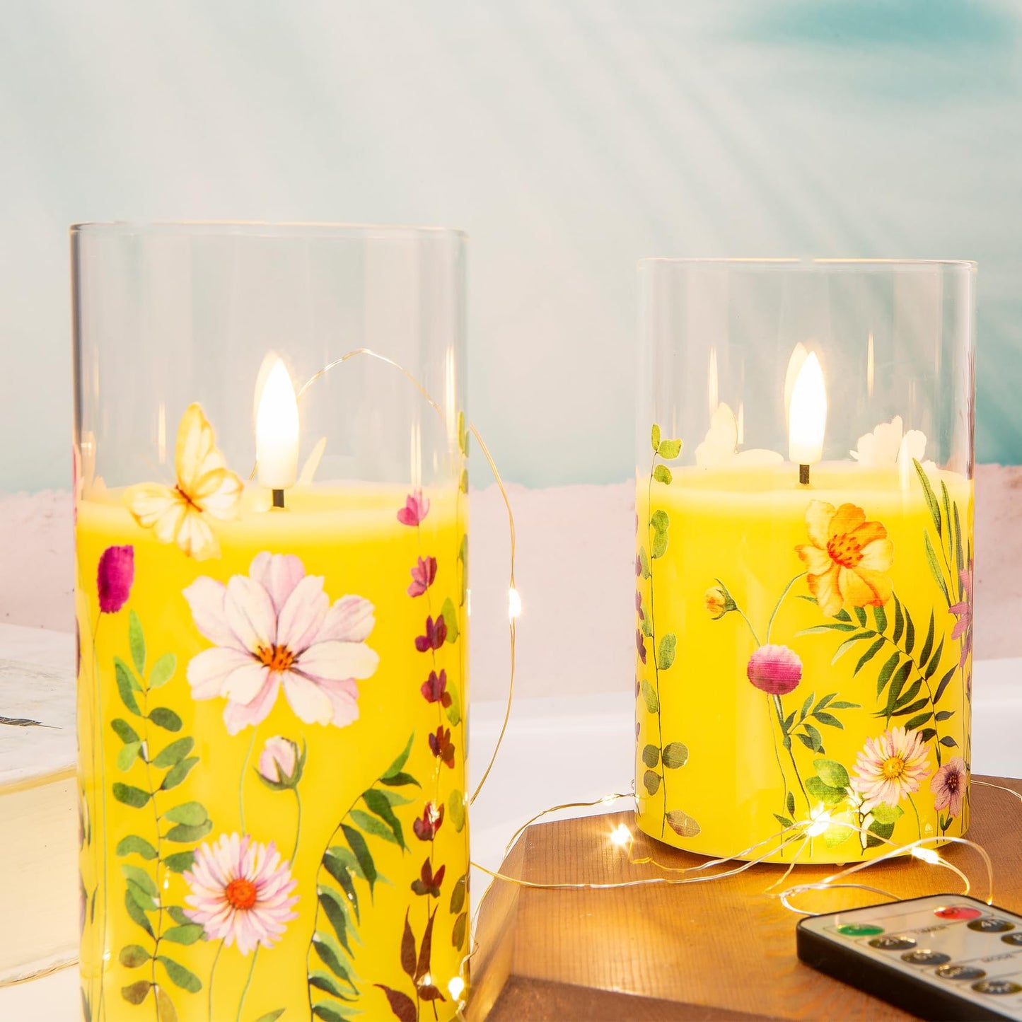 Eywamage Yellow Floral Glass Flameless Candles with Remote, Flickering Spring LED Pillar Candles Battery Operated Home Decor Set of 3