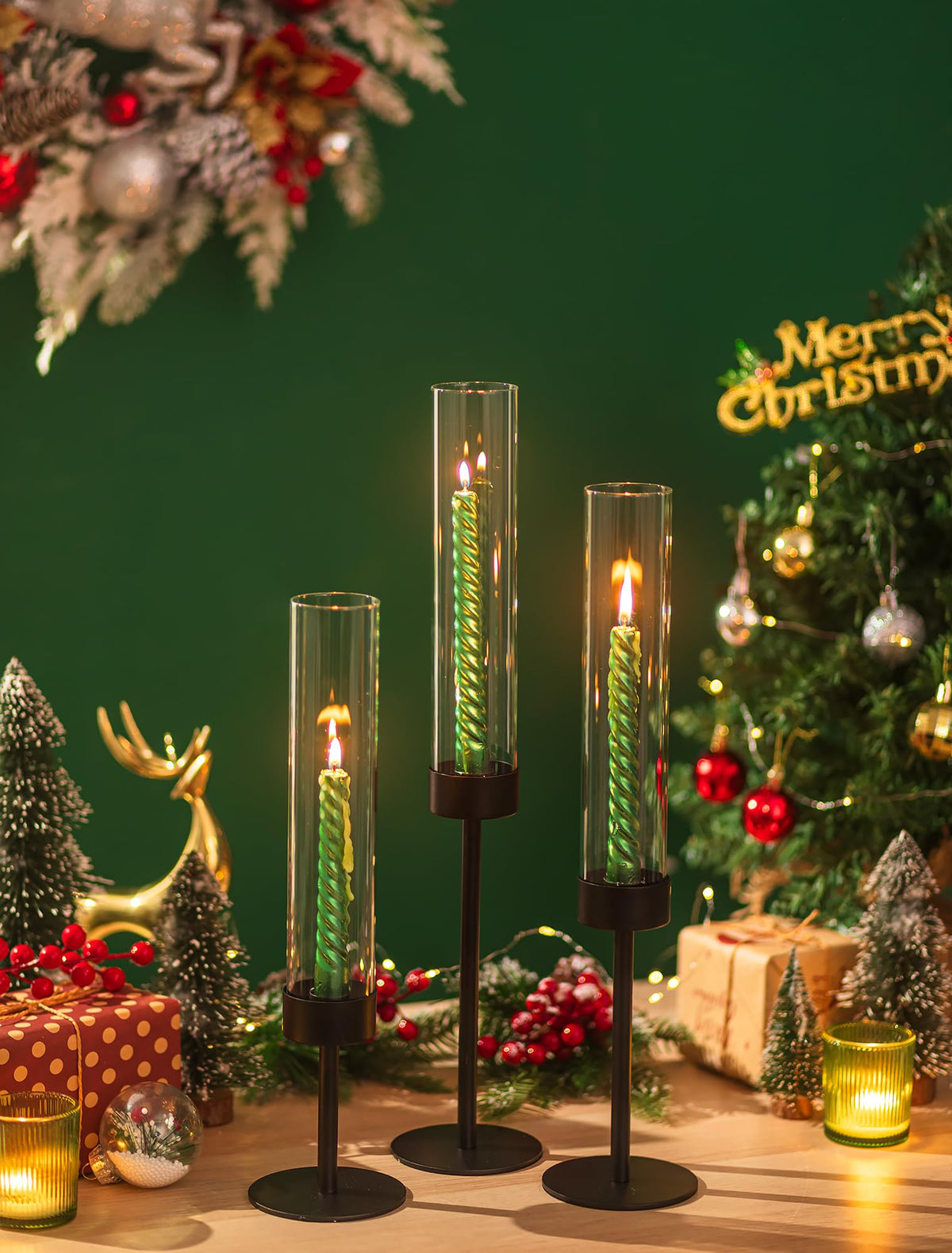 Romadedi Black Candlestick Holders Hurricane - Metal Taper Candle Holder Tall Windproof Glass Cylinder for Indoor Outdoor Table Centerpiece Christmas Halloween Modern Home Decor Set of 3