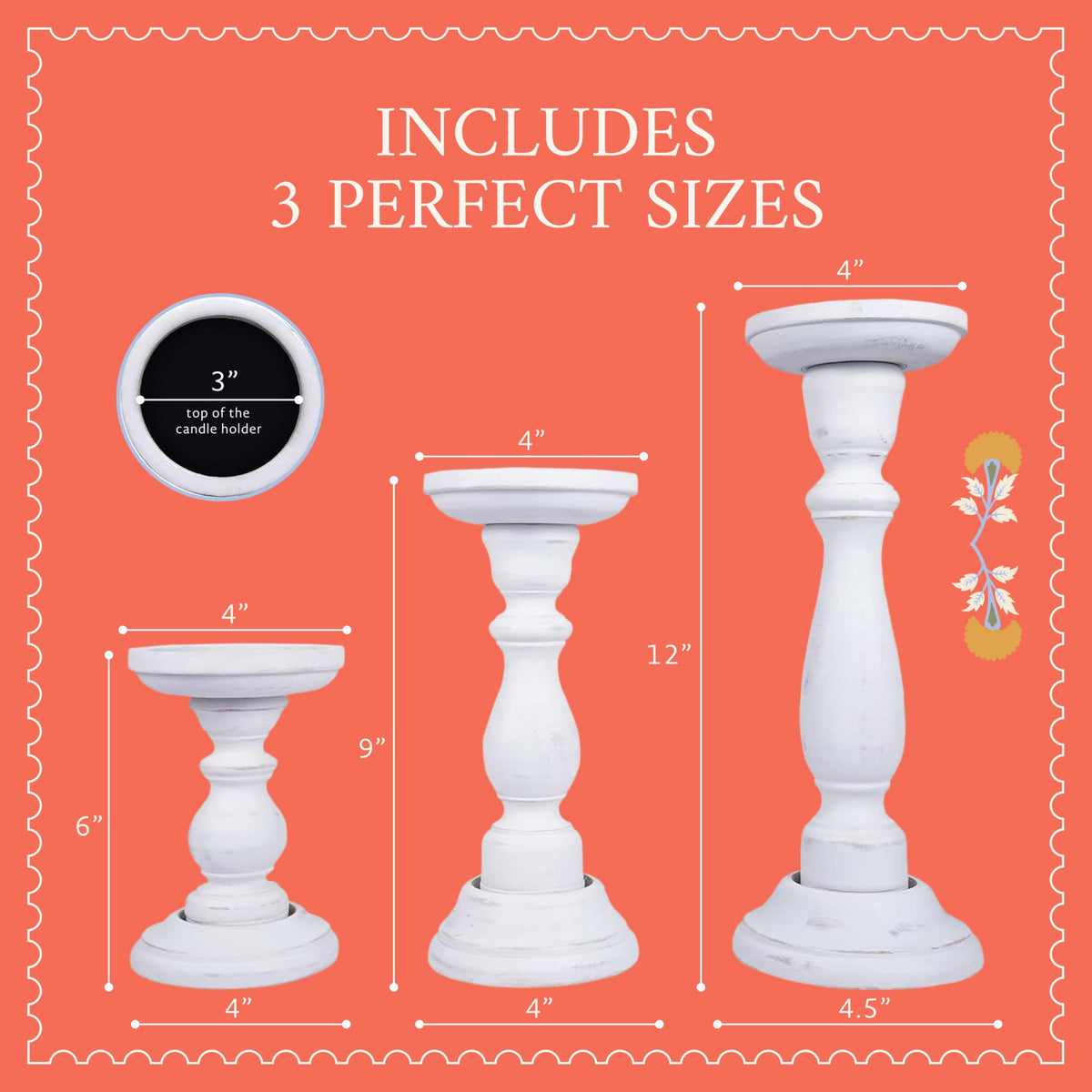 Mela Artisans 6”, 9” & 12” Mango Wood Pillar Candle Holder Set of 3 – Tuli Design Shabby Matte White – Wooden Candle Holders for Table, Mantel & Living Room Décor