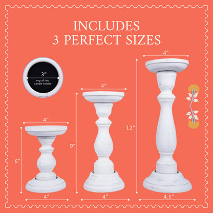 Mela Artisans 6”, 9” & 12” Mango Wood Pillar Candle Holder Set of 3 – Tuli Design Shabby Matte White – Wooden Candle Holders for Table, Mantel & Living Room Décor