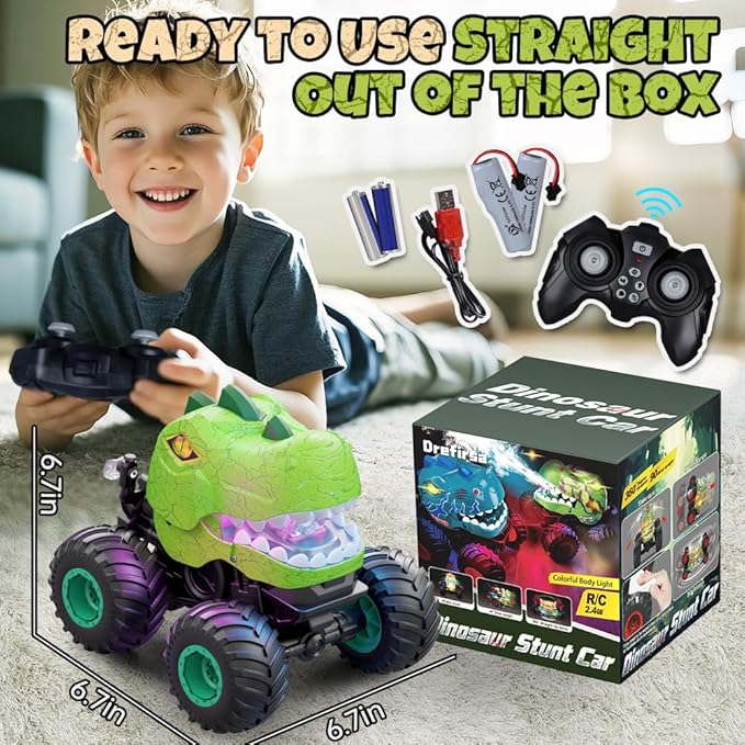 Remote Control Car for Boys 4-7 8-12 Dinosaur Monster Truck Toys with 50min+ Runtime Spray LED Light 360° Rotating &amp 90° Driving RC Stunt Car for Kids Birthday