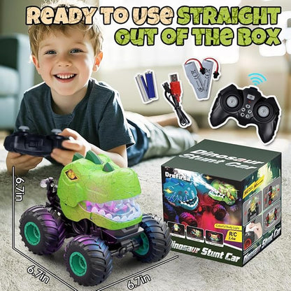 Remote Control Car for Boys 4-7 8-12 Dinosaur Monster Truck Toys with 50min+ Runtime Spray LED Light 360° Rotating &amp 90° Driving RC Stunt Car for Kids Birthday