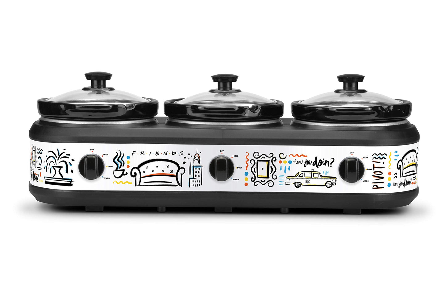 Friends Three 2.5 Qt Buffet Server by Select Brands - Triple Slow Cooker with Removable Stoneware Inserts - Independent Heat Controls - Lid Rests & Serving Spoons Included