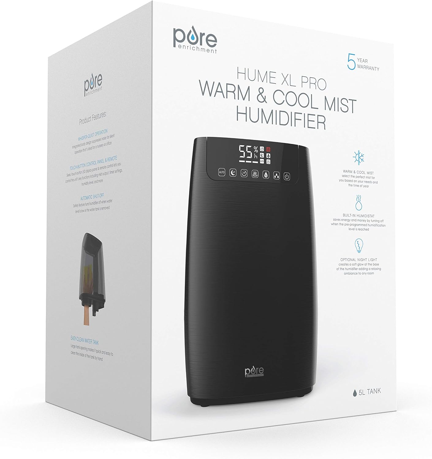 Pure Enrichment HumeXL Pro Warm and Cool Mist Humidifier - Easy-to-Clean 5-Liter Water Tank, Humidity Sensor, Two 360-Degree Rotating Mist Nozzles, Touch-Button Control, LED Display and Remote Control