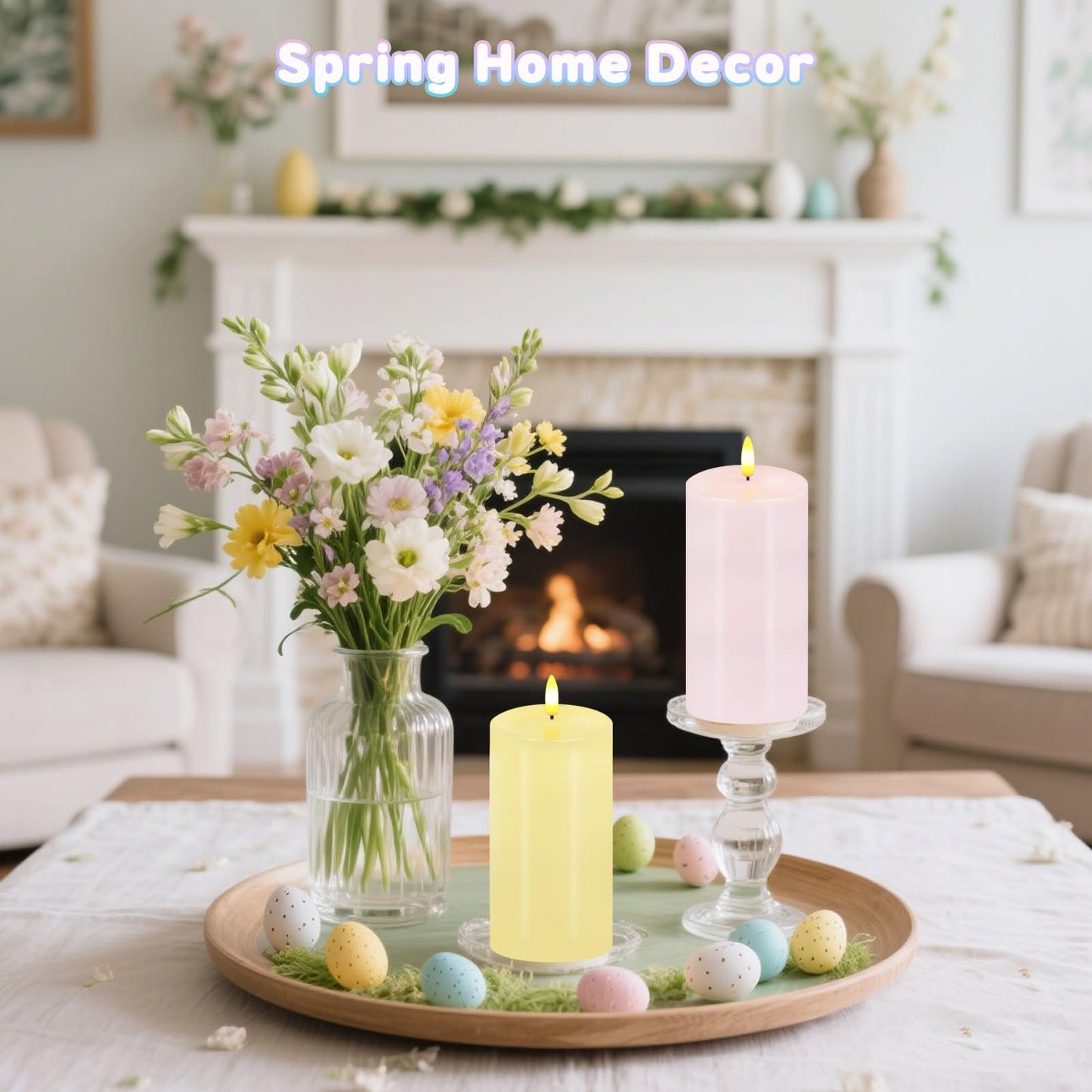 Pastel Flameless Candles, Set of 2 6"x3" Flickering Spring LED Candles with Remote & Timer, Dimmable Real Wax Easter Pillar Candles Battery Operated, Electric Candles for Home Spring Easter Decor