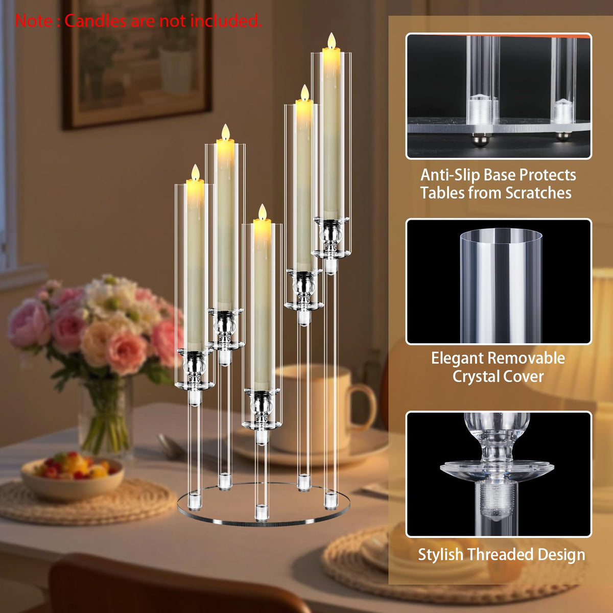 5 Arm Acrylic Candelabra Centerpieces for Tables,8 Sets Clear Candle Holder for Wedding,Home Decor,Table Decorations,22.8" Tall Candlestick Holders with Lampshade, Fits LED Candle