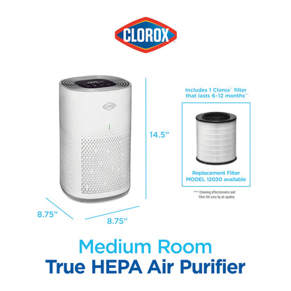 Clorox HEPA Air Purifiers for Home, True HEPA Filter, Medium Rooms Up to 1,000 Sq Ft, Removes 99.9% of Mold, Viruses, Wildfire Smoke, Allergens, Pet Allergies, Dust, AUTO Mode, Whisper Quiet