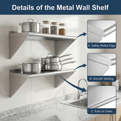 KUARBARR Stainless Steel Shelf Wall-Mounted Stainless Steel Wall Shelf 12 x 48 Inch, 2 Pack Commercial Metal Wall Shelves Garage Shelving for Restaurant Kitchen