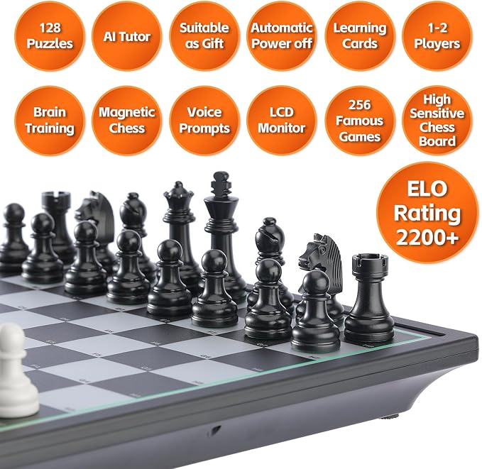 Advanced Electronic Chess Board Smart Computer Chess Set AI Voice Coach Learning for Kids ELO 2200+ for Improving Players Magnetic Large Pieces &amp Board Perfect for Adults LCD Display(Black)