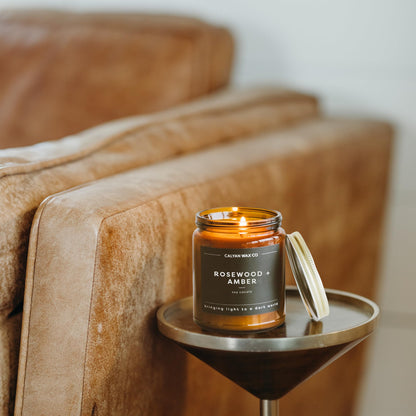 Calyan Wax Co. Rosewood & Amber Scented Candle - 57 Hour Burn - Luxury Clean Soy Wax Candles - Long Lasting Amber Glass Jar Candle for Home - 7.2oz