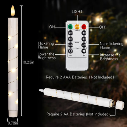 Flameless Taper Candles with Remote for Wedding Decorations，3D Flickering Flame Battery Operated LED Plastic Candles Arounded with Starlight String, Romantic Home Decoration, Pack of 6, White