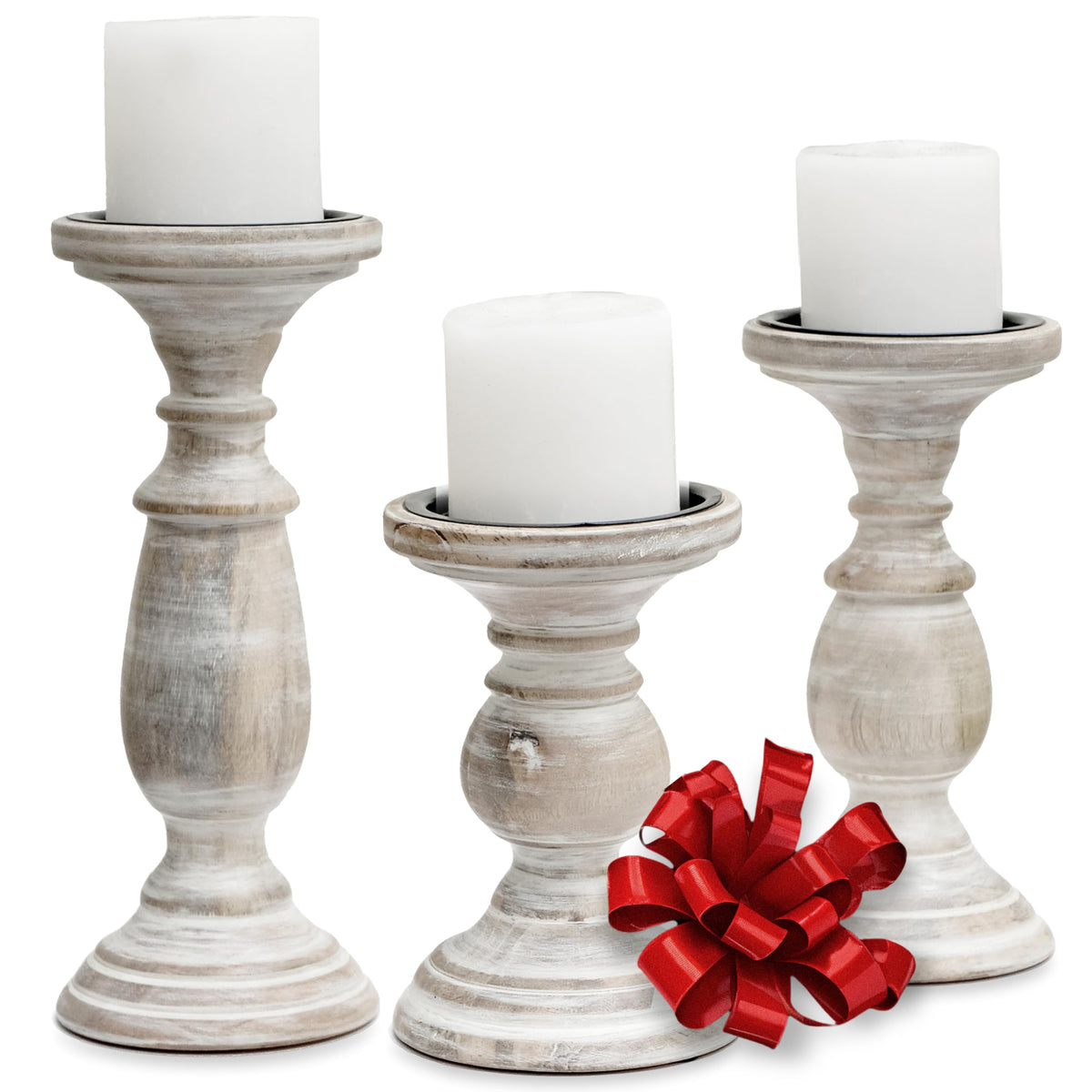 Candle Holders for Pillar Candles, Wooden Candleholders Table Centerpiece, Pillar Candle Holders Set of 3, Wood Rustic Farmhouse Fireplace White