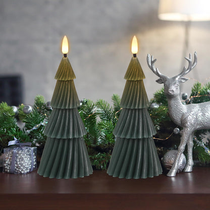 Eldnacele Stripe Christmas Tree Flameless Candle with 6 Hour Timer, Battery Operated(Included) 3D Wick Flickering Real Wax Green LED Candles Xmas Eve Dinner Holiday Decor (2Pcs,3"×7.1")