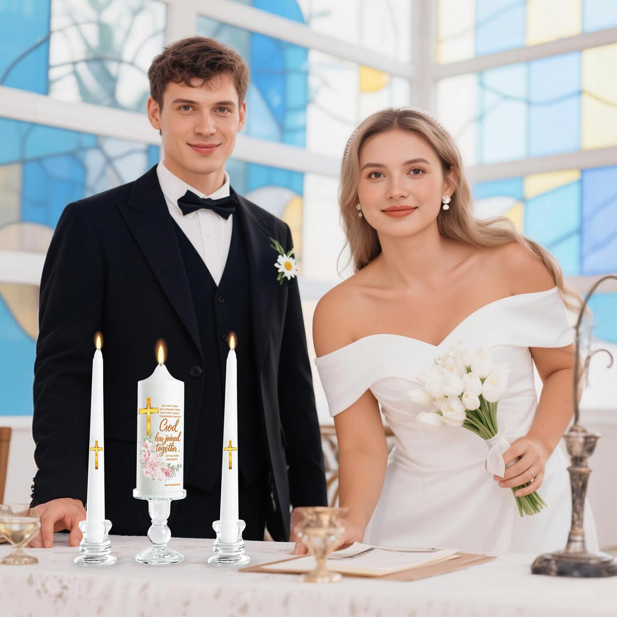 Musgsfbbs Wedding Candles for Ceremony with Glass Holders, Unity Wedding Candle Set with Matthew 19:6 & Gold Cross, Floral Pillar Candles for Catholic Wedding, Anniversary & Vow Renewal