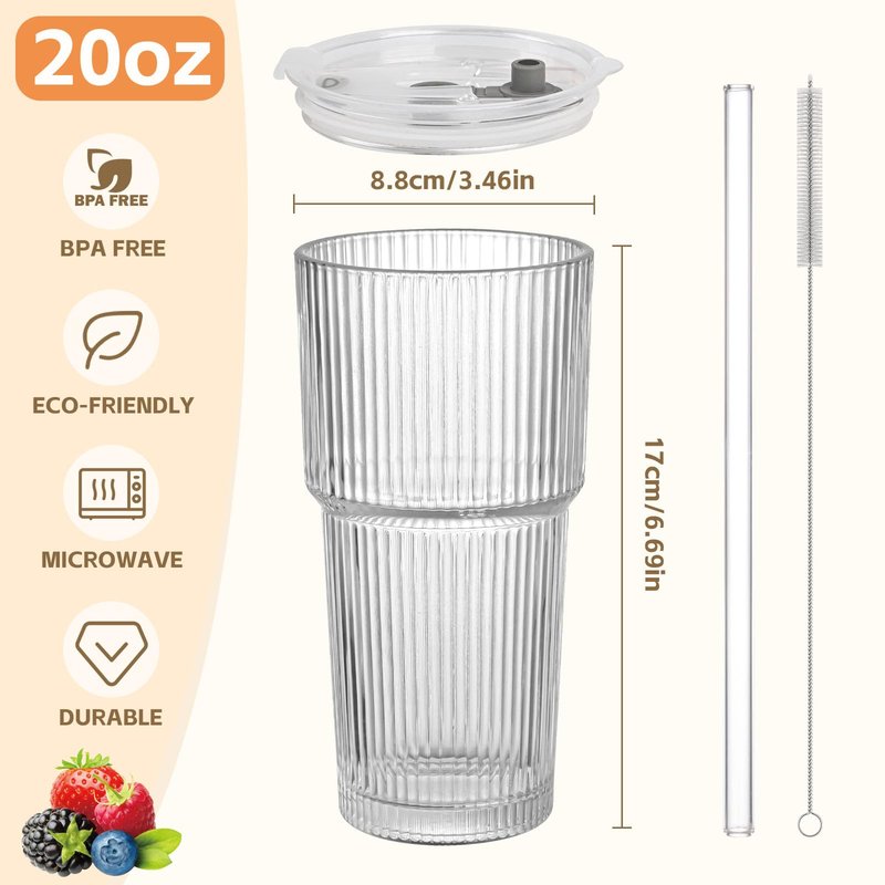 AUFXKOO 20oz Ribbed Glass Cups with Lids and Straws,1PCS Glass Tumbler with Straw and Lid,Iced Coffee Cups Drinking Glasses for Juice Whiskey Cocktail Beer