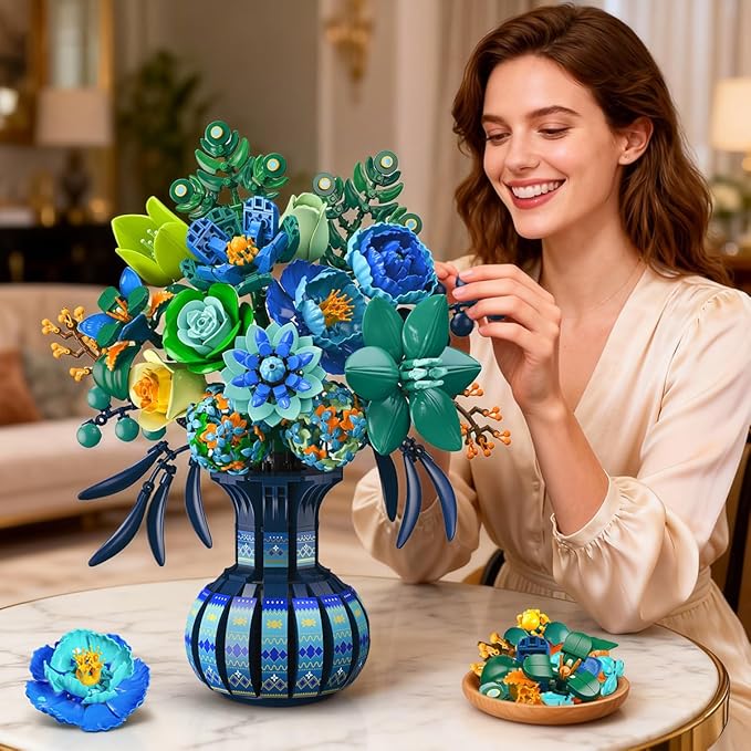 Flowers Building Set with Vase Easter Flower Bouquet Botanical Collection Building Block Toy 1309 PCS Peacock Artificial Plant Bonsai Kit Home Decor Gift for Her Adults Girls 12+