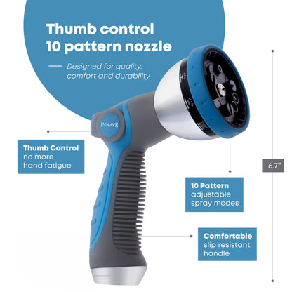INNAV8 Garden Hose Nozzle Sprayer Heavy Duty - Features 10 Spray Patterns, THUMB CONTROL On Off Valve for Easy Water Control - HIGH Pressure Nozzle for Hose Outdoor