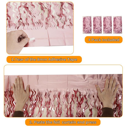 4 Pack 3.3x6.6ft Pink Tinsel Curtain Party Backdrop - Wavy Foil Fringe Curtain Party Streamers for Girl Princess Bachelorette Disco Party Decorations